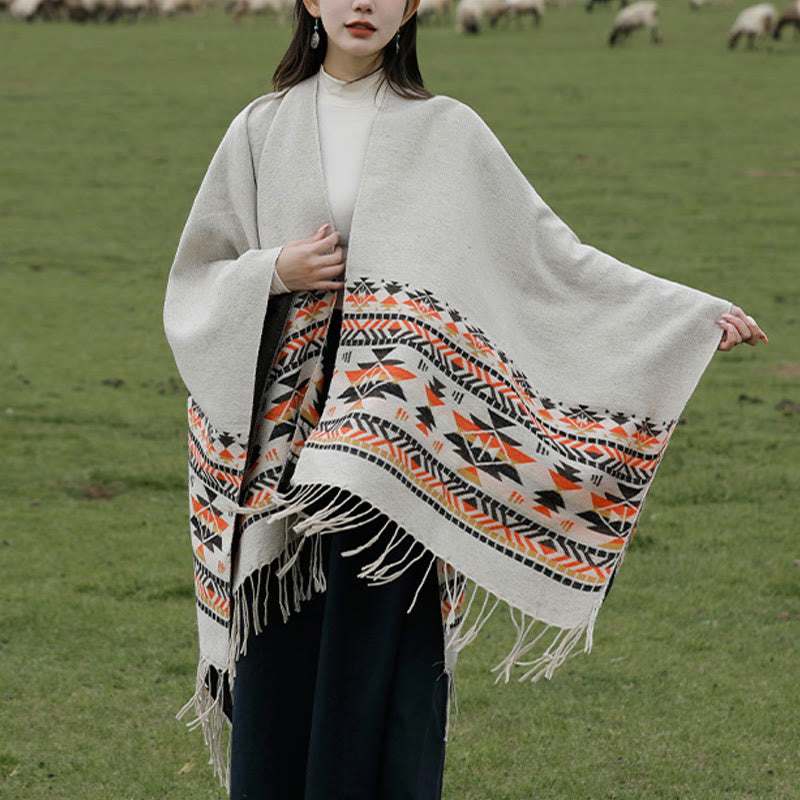 Tibetan Geometric Rhombus Pattern Tassels Shawl Fall Winter Warm Cozy Scarf Wrap