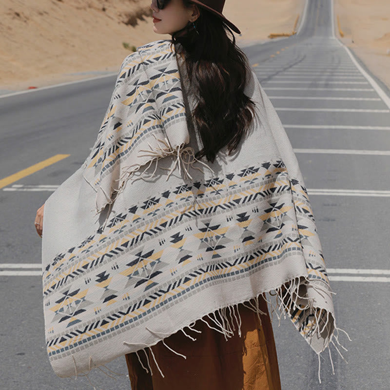 Tibetan Geometric Rhombus Pattern Tassels Shawl Fall Winter Warm Cozy Scarf Wrap