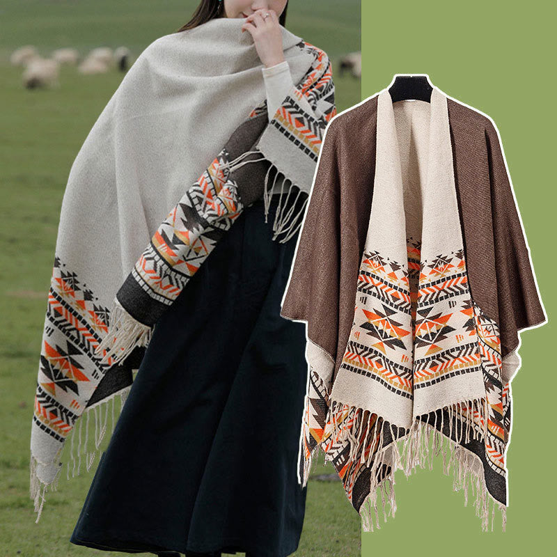 Tibetan Geometric Rhombus Pattern Tassels Shawl Fall Winter Warm Cozy Scarf Wrap