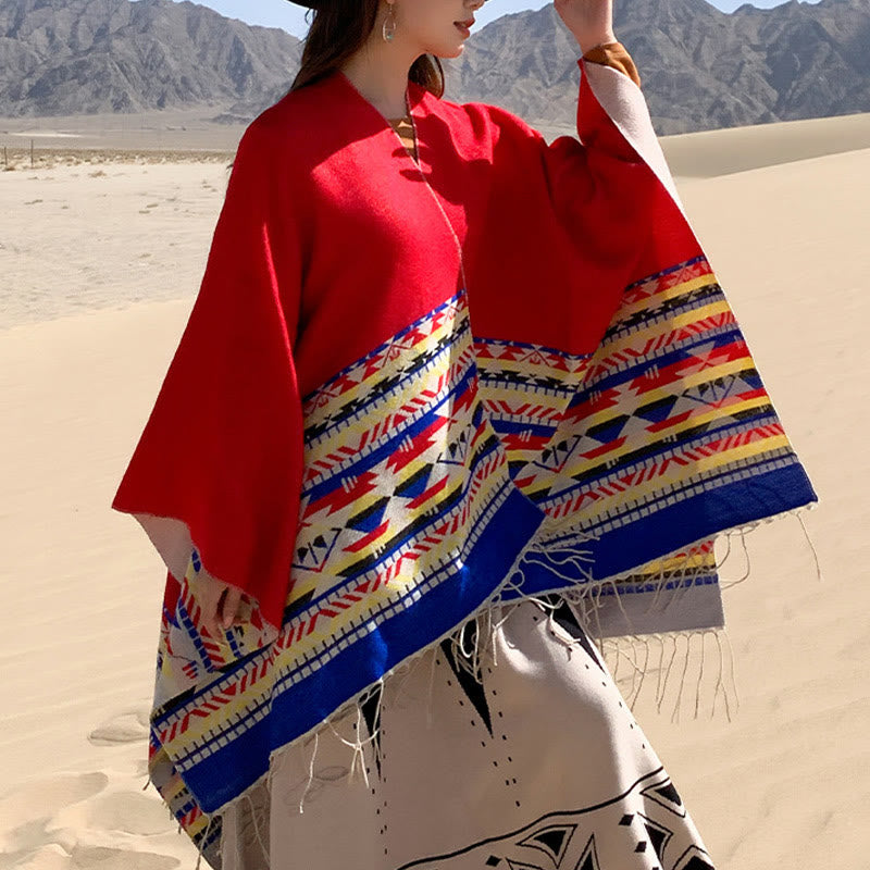 Tibetan Geometric Rhombus Pattern Tassels Shawl Fall Winter Warm Cozy Scarf Wrap