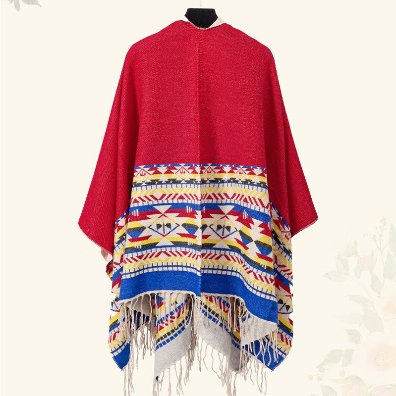 Tibetan Geometric Rhombus Pattern Tassels Shawl Fall Winter Warm Cozy Scarf Wrap