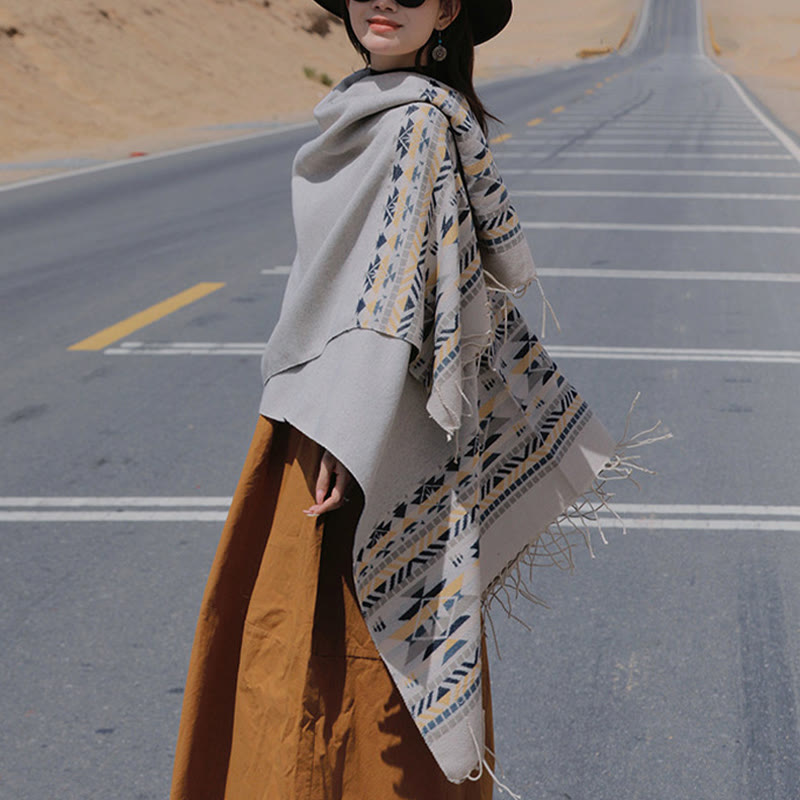 Tibetan Geometric Rhombus Pattern Tassels Shawl Fall Winter Warm Cozy Scarf Wrap