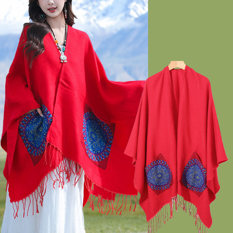 Tibetan Geometric Round Mandala Pattern Tassels Shawl Fall Winter Cozy Scarf Wrap With Pockets