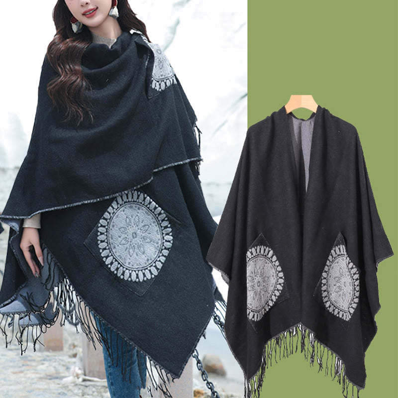 Tibetan Geometric Round Mandala Pattern Tassels Shawl Fall Winter Cozy Scarf Wrap With Pockets