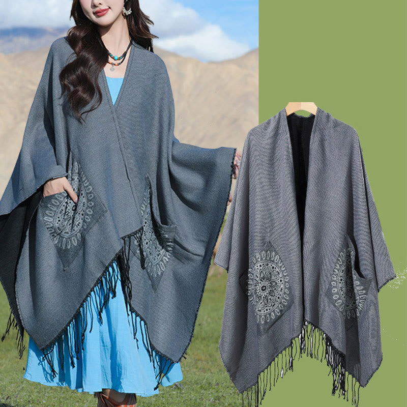 Tibetan Geometric Round Mandala Pattern Tassels Shawl Fall Winter Cozy Scarf Wrap With Pockets