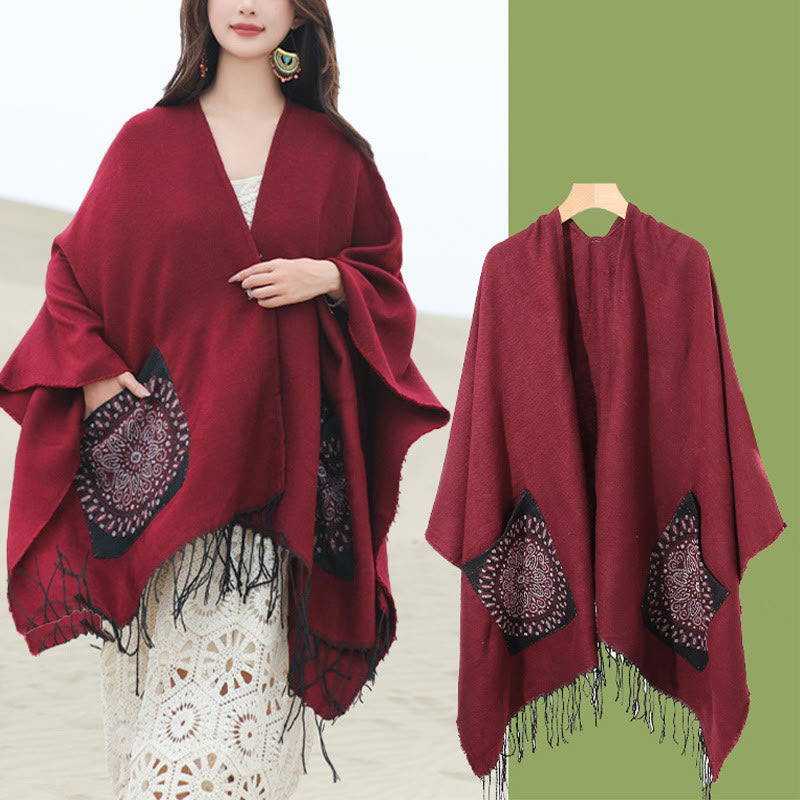 Tibetan Geometric Round Mandala Pattern Tassels Shawl Fall Winter Cozy Scarf Wrap With Pockets