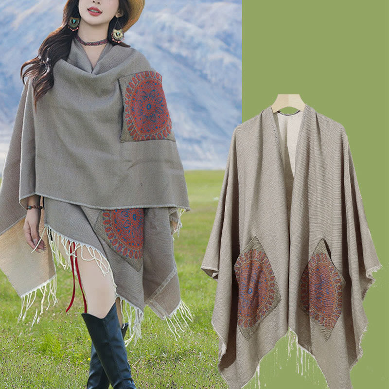 Tibetan Geometric Round Mandala Pattern Tassels Shawl Fall Winter Cozy Scarf Wrap With Pockets