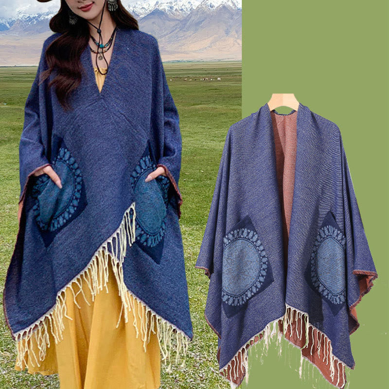Tibetan Geometric Round Mandala Pattern Tassels Shawl Fall Winter Cozy Scarf Wrap With Pockets