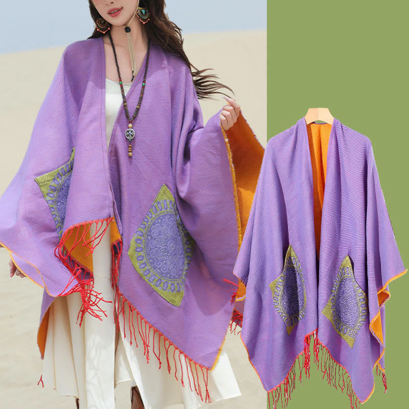 Tibetan Geometric Round Mandala Pattern Tassels Shawl Fall Winter Cozy Scarf Wrap With Pockets