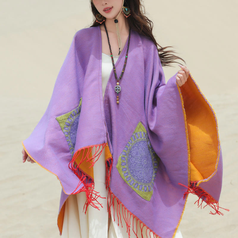 Tibetan Geometric Round Mandala Pattern Tassels Shawl Fall Winter Cozy Scarf Wrap With Pockets