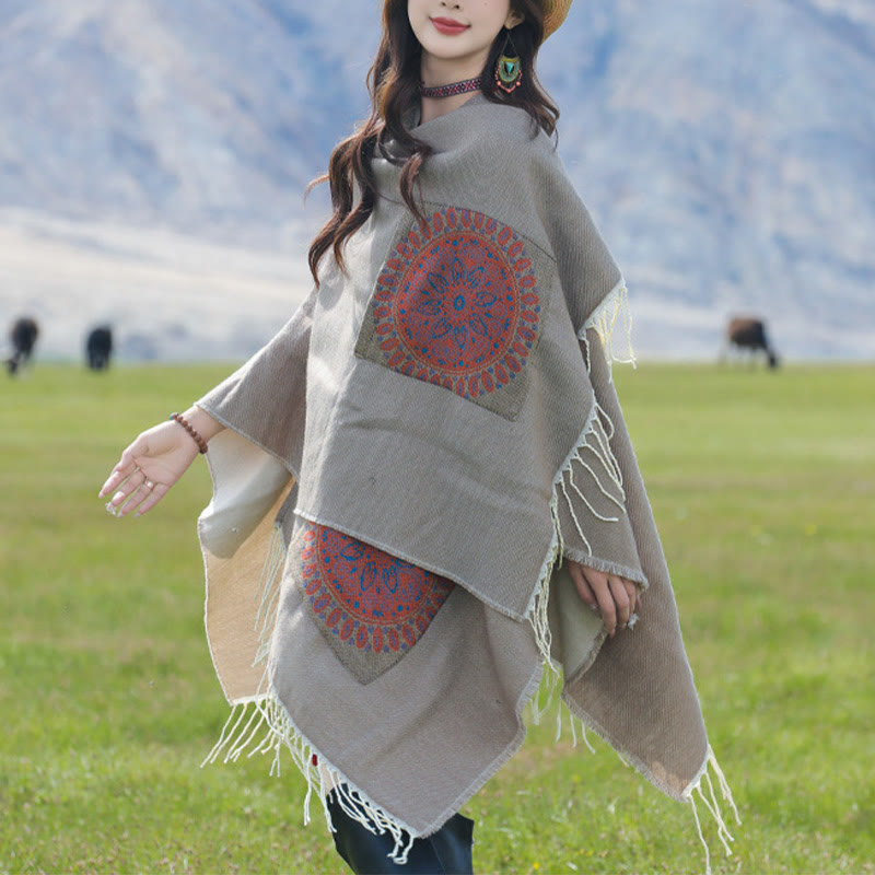 Tibetan Geometric Round Mandala Pattern Tassels Shawl Fall Winter Cozy Scarf Wrap With Pockets