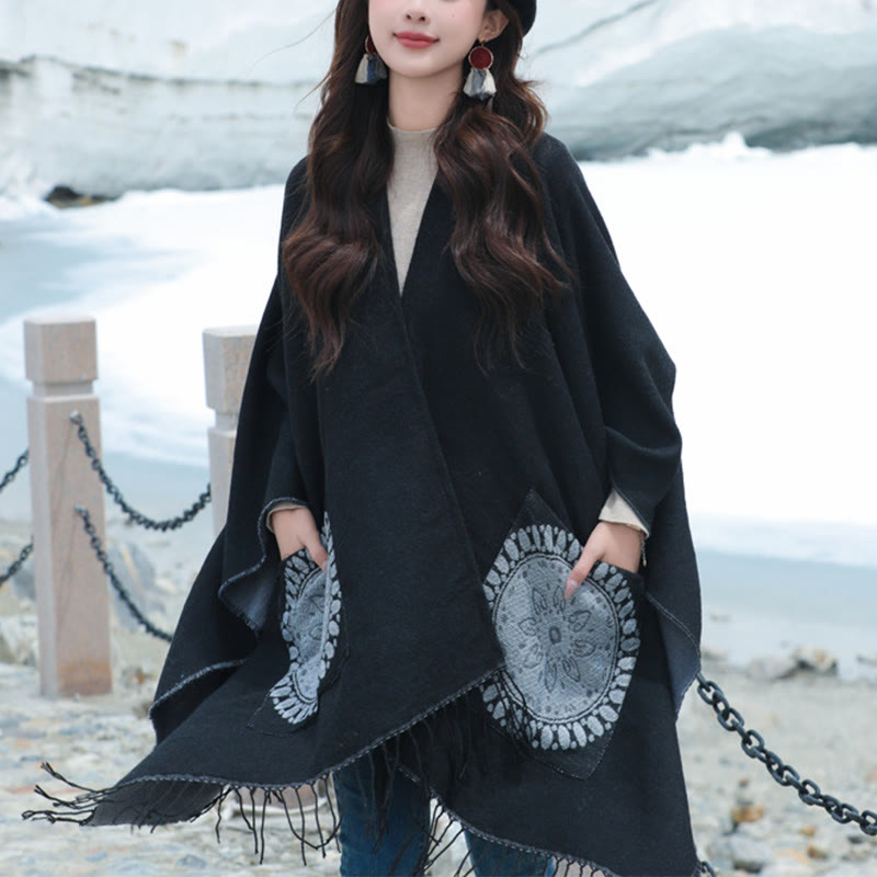 Tibetan Geometric Round Mandala Pattern Tassels Shawl Fall Winter Cozy Scarf Wrap With Pockets