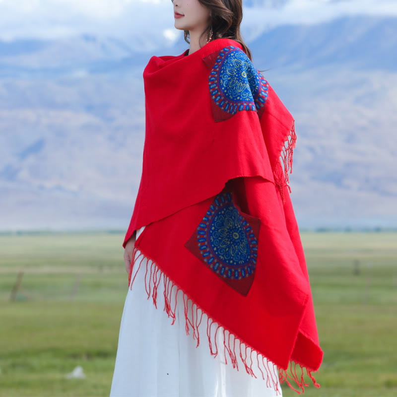 Tibetan Geometric Round Mandala Pattern Tassels Shawl Fall Winter Cozy Scarf Wrap With Pockets
