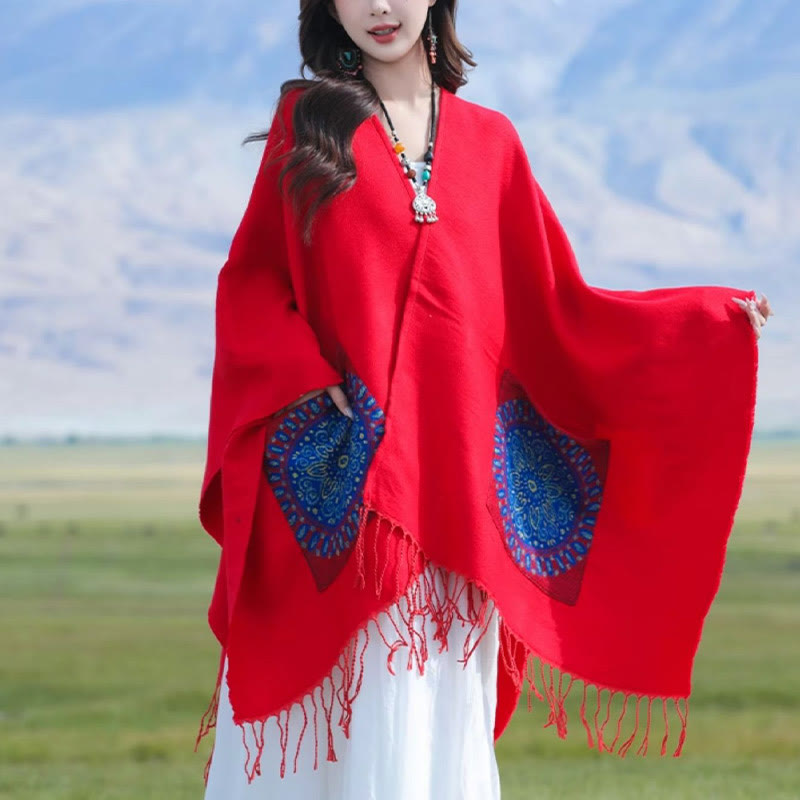 Tibetan Geometric Round Mandala Pattern Tassels Shawl Fall Winter Cozy Scarf Wrap With Pockets