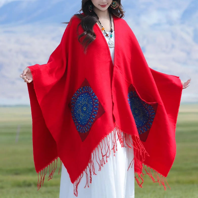 Tibetan Geometric Round Mandala Pattern Tassels Shawl Fall Winter Cozy Scarf Wrap With Pockets