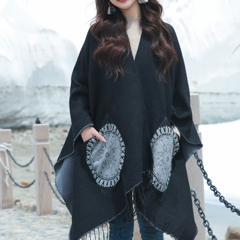 Tibetan Geometric Round Mandala Pattern Tassels Shawl Fall Winter Cozy Scarf Wrap With Pockets