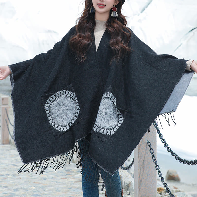 Tibetan Geometric Round Mandala Pattern Tassels Shawl Fall Winter Cozy Scarf Wrap With Pockets
