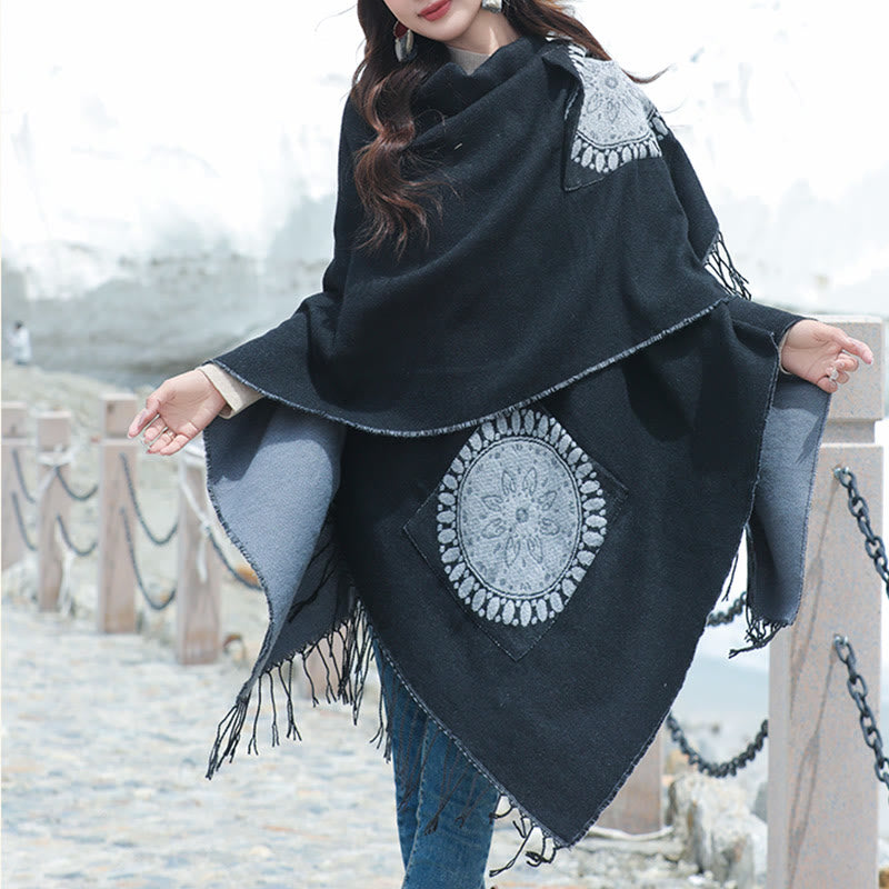 Tibetan Geometric Round Mandala Pattern Tassels Shawl Fall Winter Cozy Scarf Wrap With Pockets