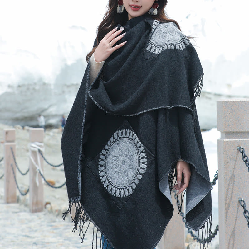 Tibetan Geometric Round Mandala Pattern Tassels Shawl Fall Winter Cozy Scarf Wrap With Pockets