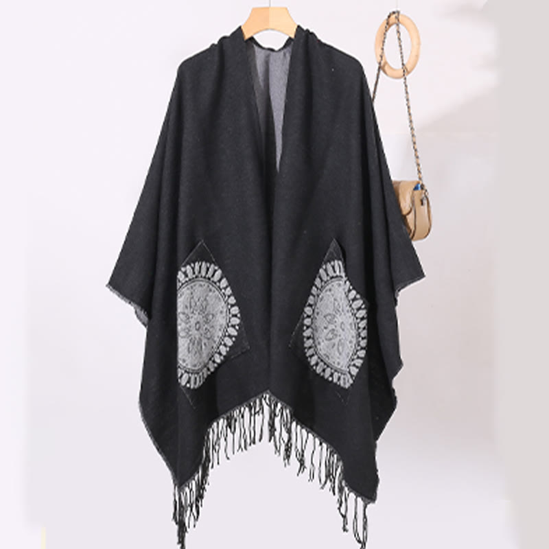 Tibetan Geometric Round Mandala Pattern Tassels Shawl Fall Winter Cozy Scarf Wrap With Pockets