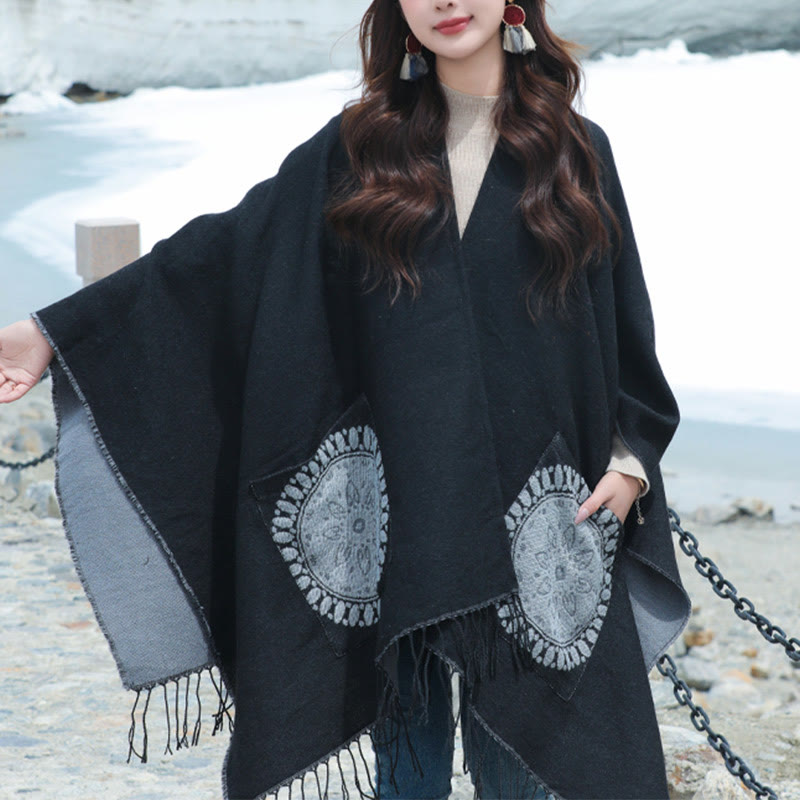 Tibetan Geometric Round Mandala Pattern Tassels Shawl Fall Winter Cozy Scarf Wrap With Pockets