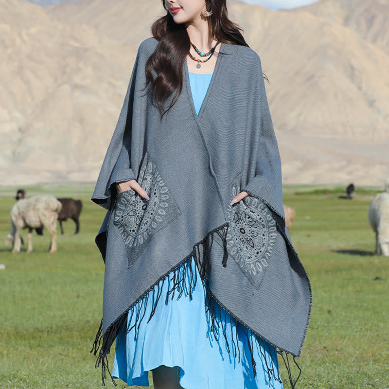 Tibetan Geometric Round Mandala Pattern Tassels Shawl Fall Winter Cozy Scarf Wrap With Pockets