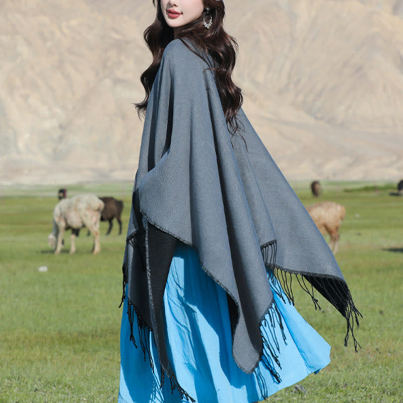 Tibetan Geometric Round Mandala Pattern Tassels Shawl Fall Winter Cozy Scarf Wrap With Pockets