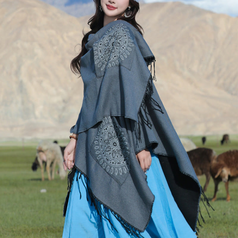 Tibetan Geometric Round Mandala Pattern Tassels Shawl Fall Winter Cozy Scarf Wrap With Pockets