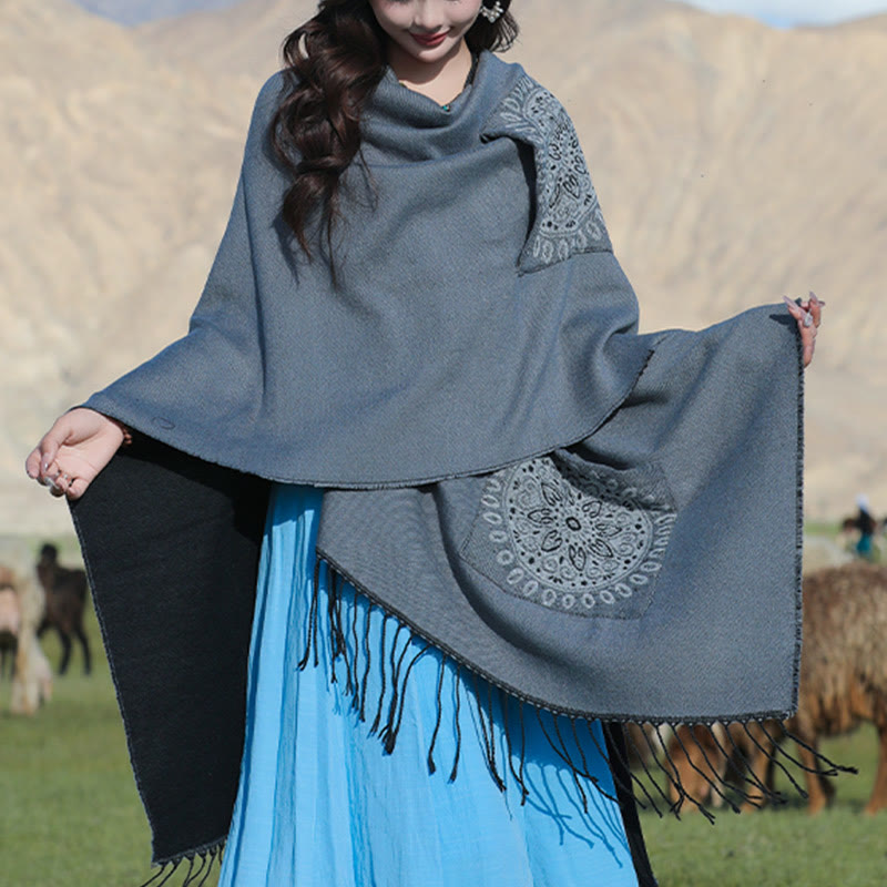 Tibetan Geometric Round Mandala Pattern Tassels Shawl Fall Winter Cozy Scarf Wrap With Pockets