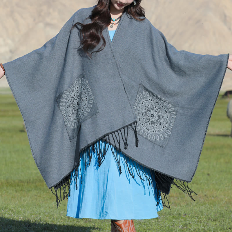 Tibetan Geometric Round Mandala Pattern Tassels Shawl Fall Winter Cozy Scarf Wrap With Pockets