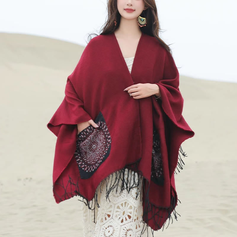Tibetan Geometric Round Mandala Pattern Tassels Shawl Fall Winter Cozy Scarf Wrap With Pockets