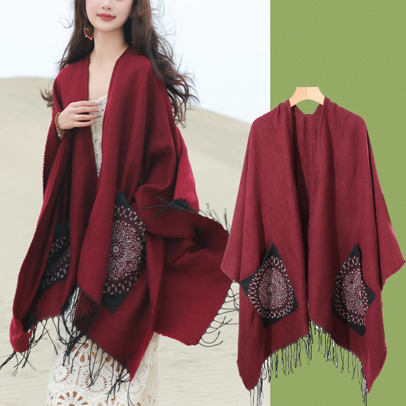 Tibetan Geometric Round Mandala Pattern Tassels Shawl Fall Winter Cozy Scarf Wrap With Pockets