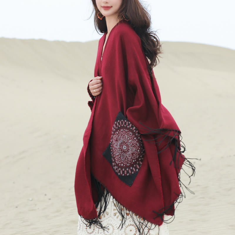 Tibetan Geometric Round Mandala Pattern Tassels Shawl Fall Winter Cozy Scarf Wrap With Pockets