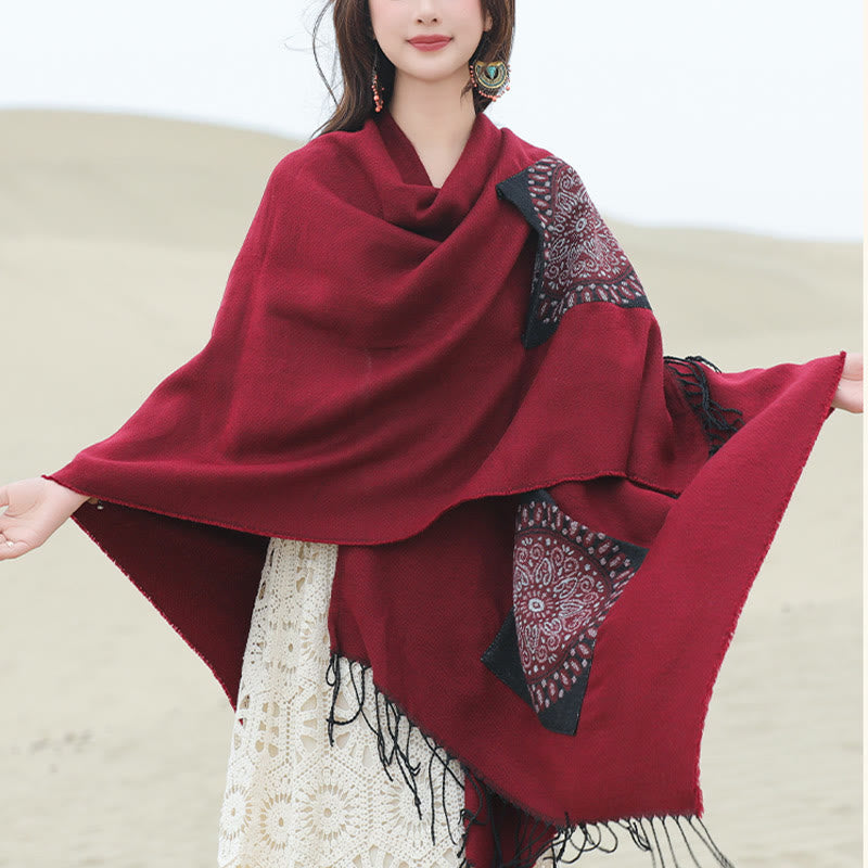 Tibetan Geometric Round Mandala Pattern Tassels Shawl Fall Winter Cozy Scarf Wrap With Pockets