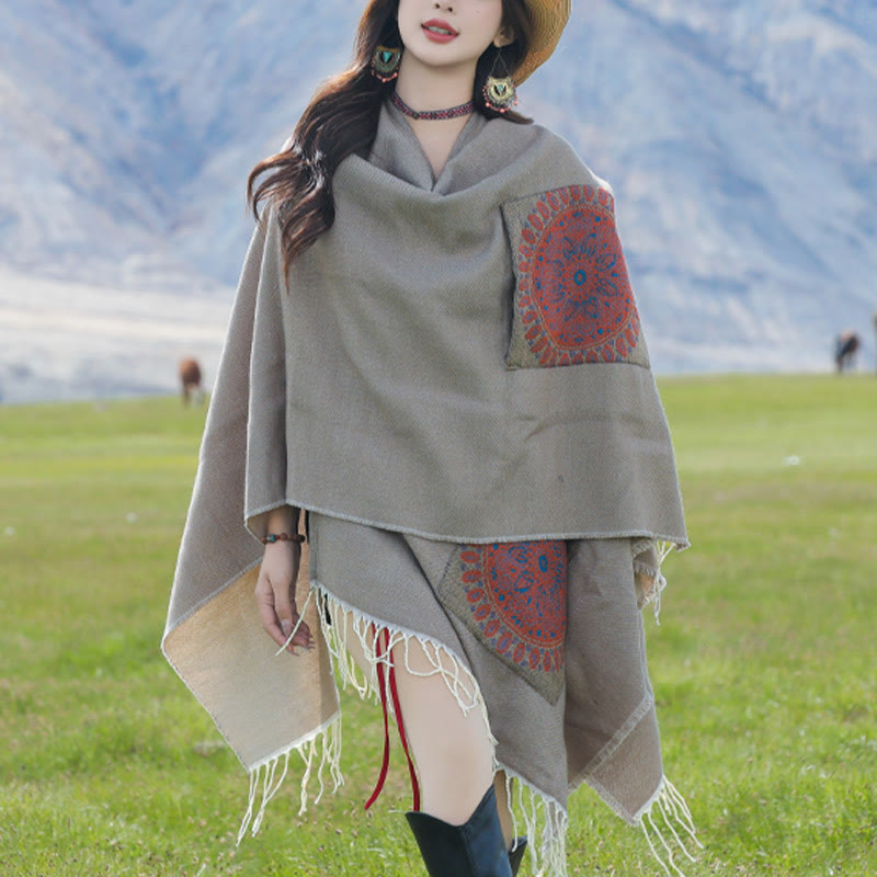 Tibetan Geometric Round Mandala Pattern Tassels Shawl Fall Winter Cozy Scarf Wrap With Pockets