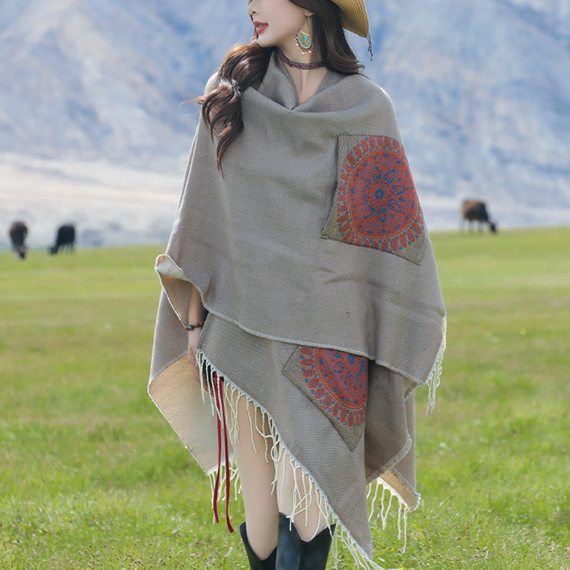 Tibetan Geometric Round Mandala Pattern Tassels Shawl Fall Winter Cozy Scarf Wrap With Pockets