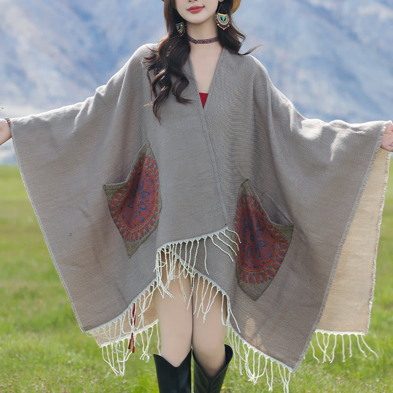 Tibetan Geometric Round Mandala Pattern Tassels Shawl Fall Winter Cozy Scarf Wrap With Pockets