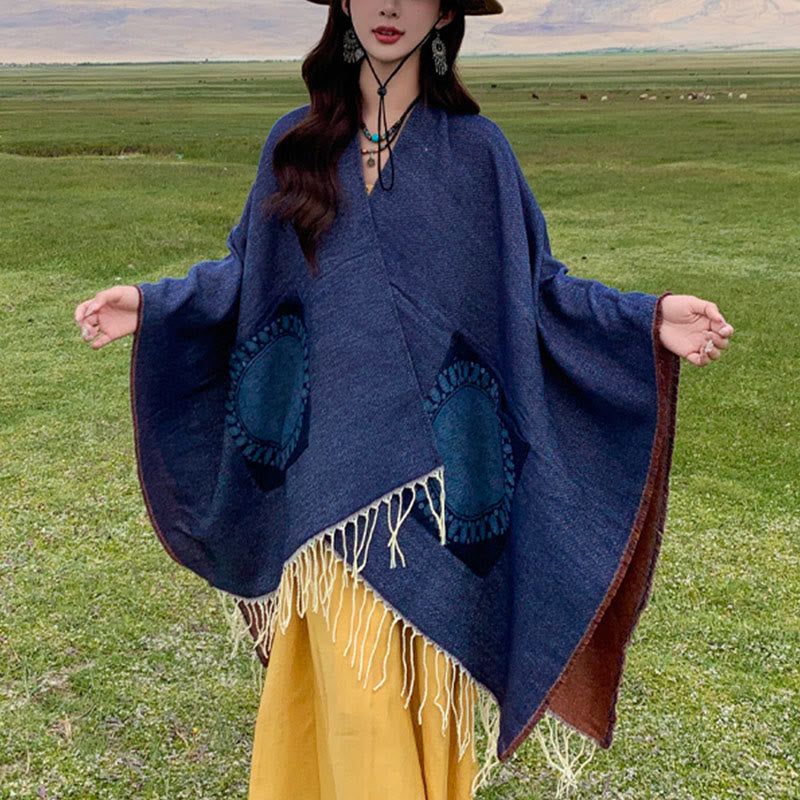 Tibetan Geometric Round Mandala Pattern Tassels Shawl Fall Winter Cozy Scarf Wrap With Pockets