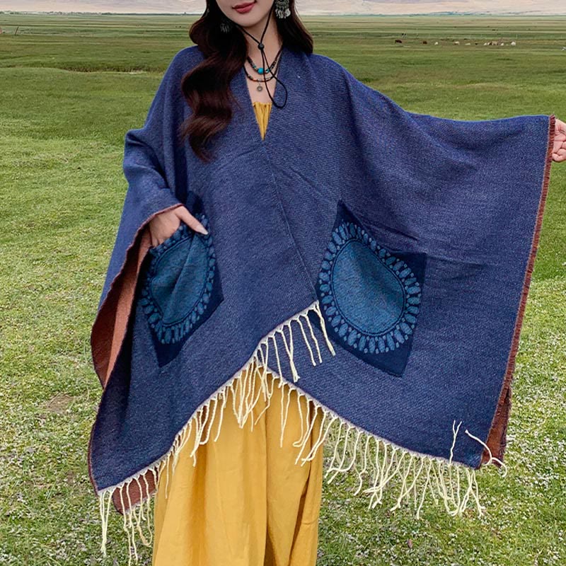 Tibetan Geometric Round Mandala Pattern Tassels Shawl Fall Winter Cozy Scarf Wrap With Pockets