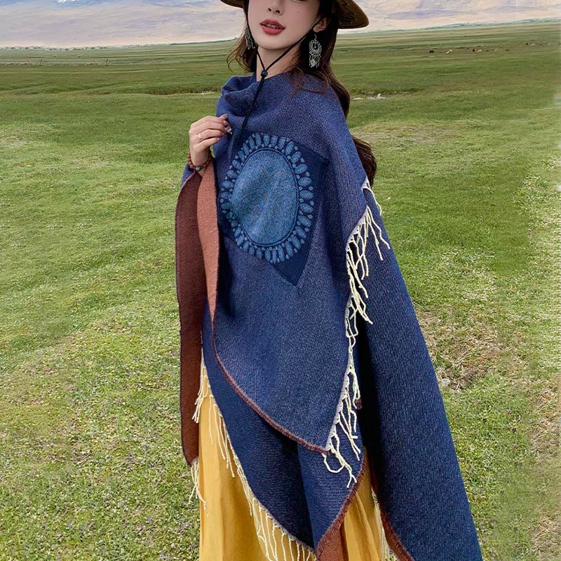Tibetan Geometric Round Mandala Pattern Tassels Shawl Fall Winter Cozy Scarf Wrap With Pockets