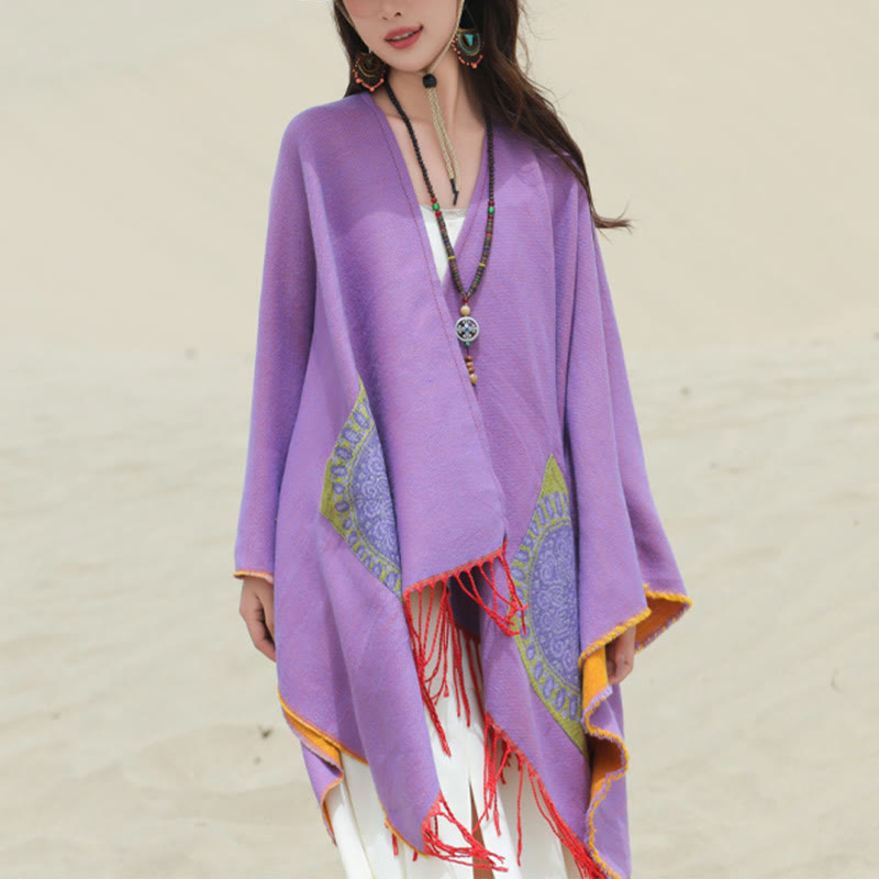 Tibetan Geometric Round Mandala Pattern Tassels Shawl Fall Winter Cozy Scarf Wrap With Pockets