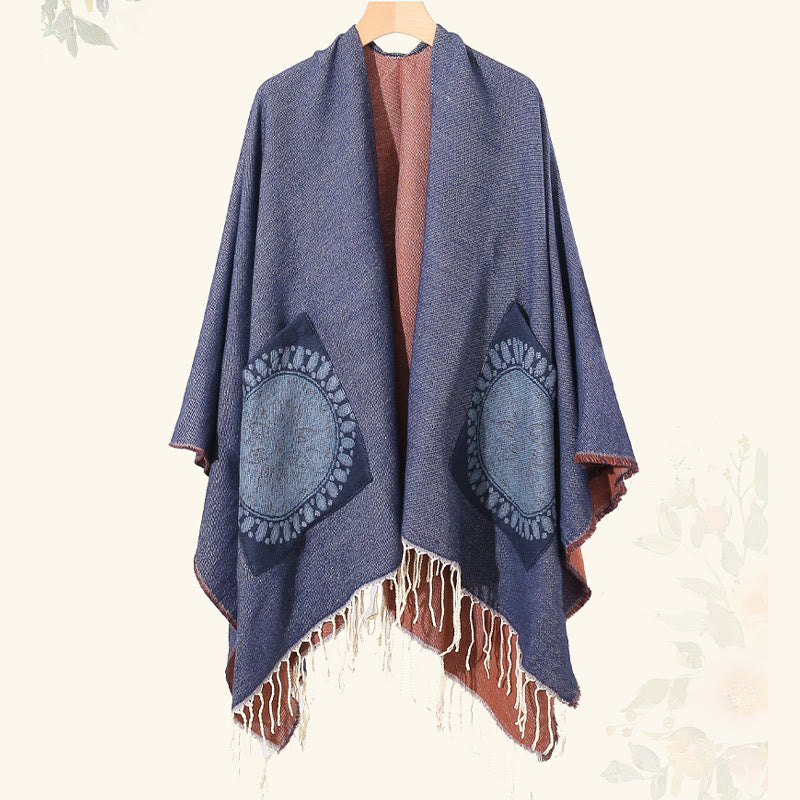 Tibetan Geometric Round Mandala Pattern Tassels Shawl Fall Winter Cozy Scarf Wrap With Pockets
