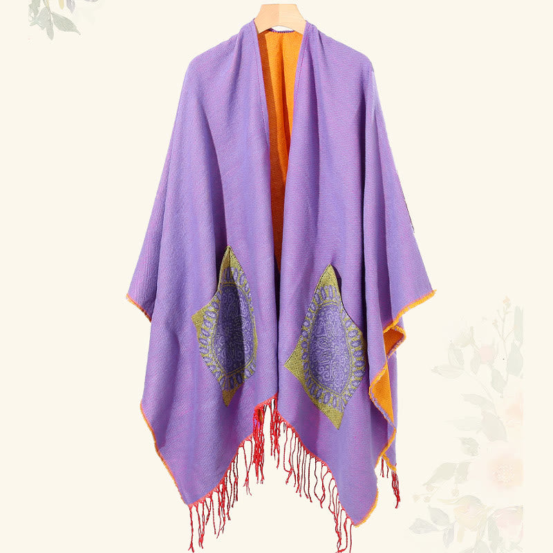 Tibetan Geometric Round Mandala Pattern Tassels Shawl Fall Winter Cozy Scarf Wrap With Pockets
