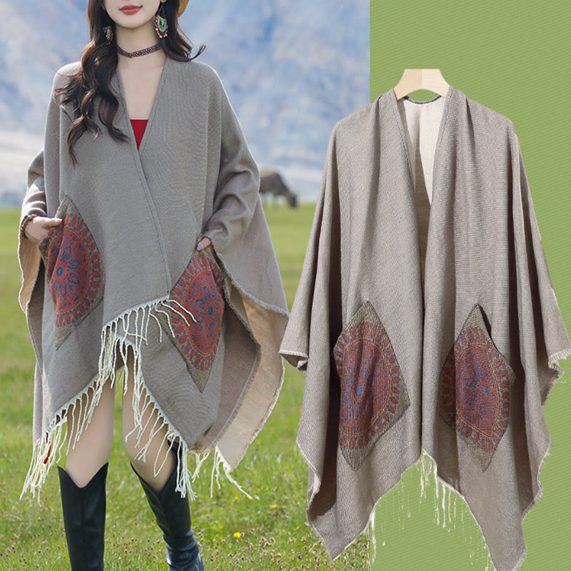 Tibetan Geometric Round Mandala Pattern Tassels Shawl Fall Winter Cozy Scarf Wrap With Pockets