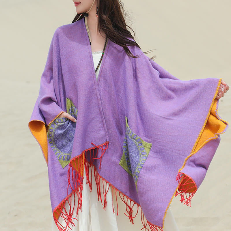 Tibetan Geometric Round Mandala Pattern Tassels Shawl Fall Winter Cozy Scarf Wrap With Pockets