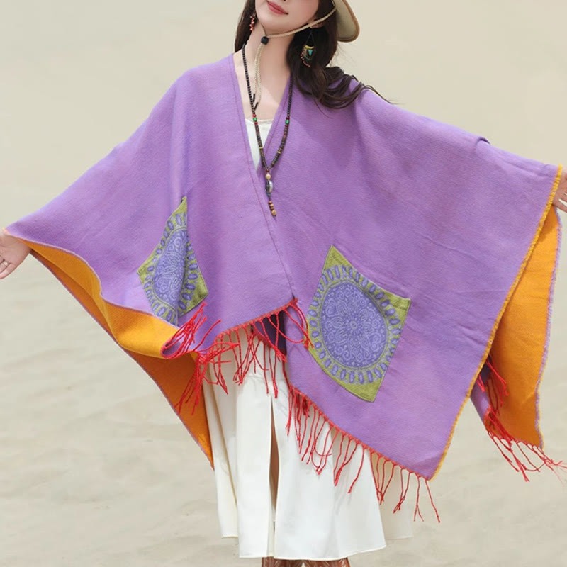 Tibetan Geometric Round Mandala Pattern Tassels Shawl Fall Winter Cozy Scarf Wrap With Pockets
