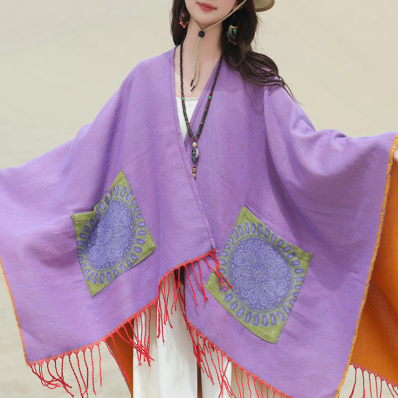 Tibetan Geometric Round Mandala Pattern Tassels Shawl Fall Winter Cozy Scarf Wrap With Pockets