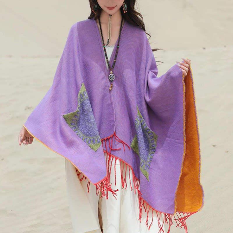 Tibetan Geometric Round Mandala Pattern Tassels Shawl Fall Winter Cozy Scarf Wrap With Pockets