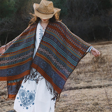 Tibetan Geometric Horizontal Stripe Flower Leaf Tassels Shawl Fall Winter Cozy Scarf Wrap