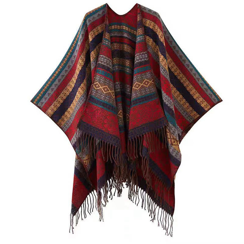 Tibetan Geometric Horizontal Stripe Flower Leaf Tassels Shawl Fall Winter Cozy Scarf Wrap